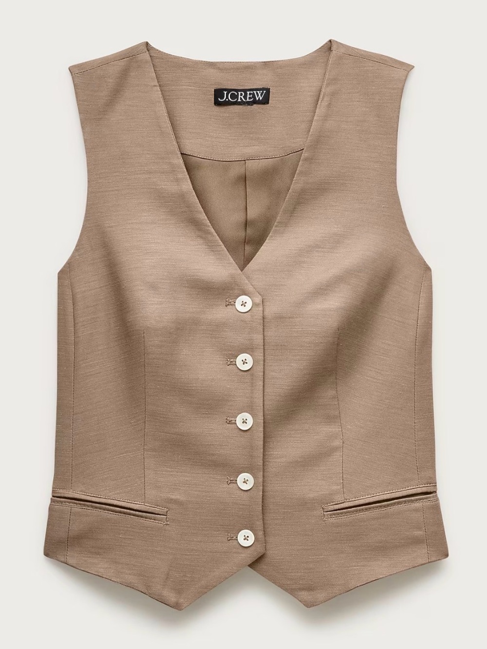 NWT J. Crew Shrunken V-Neck Vest in Gramercy Linen Blend in Worn Teak